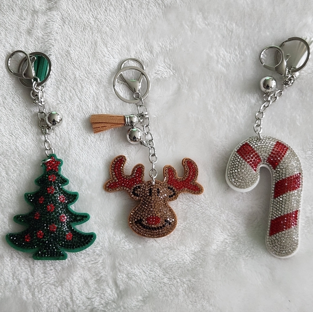 Christmas Tree, Reindeer, and Candy Cane Festive Keychain Set Bag Charm